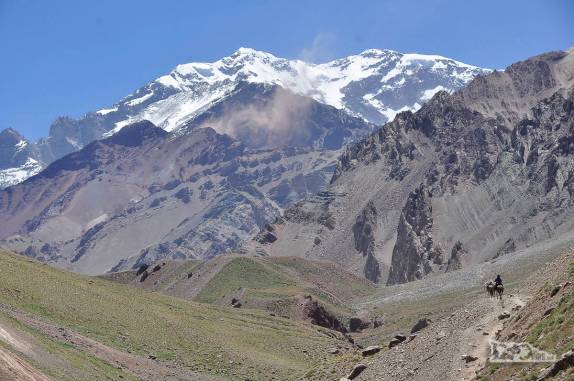 Um muleiro e suas mulas levam carga para os acampamentos na base do Aconcágua, na região de Mendoza, a oeste da Argentina